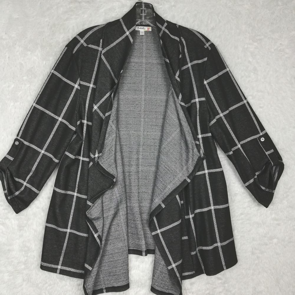 Soleillee Womens Cardigan Open Front 3/4‎ Sleeve Black White Windowpane Plus 1X